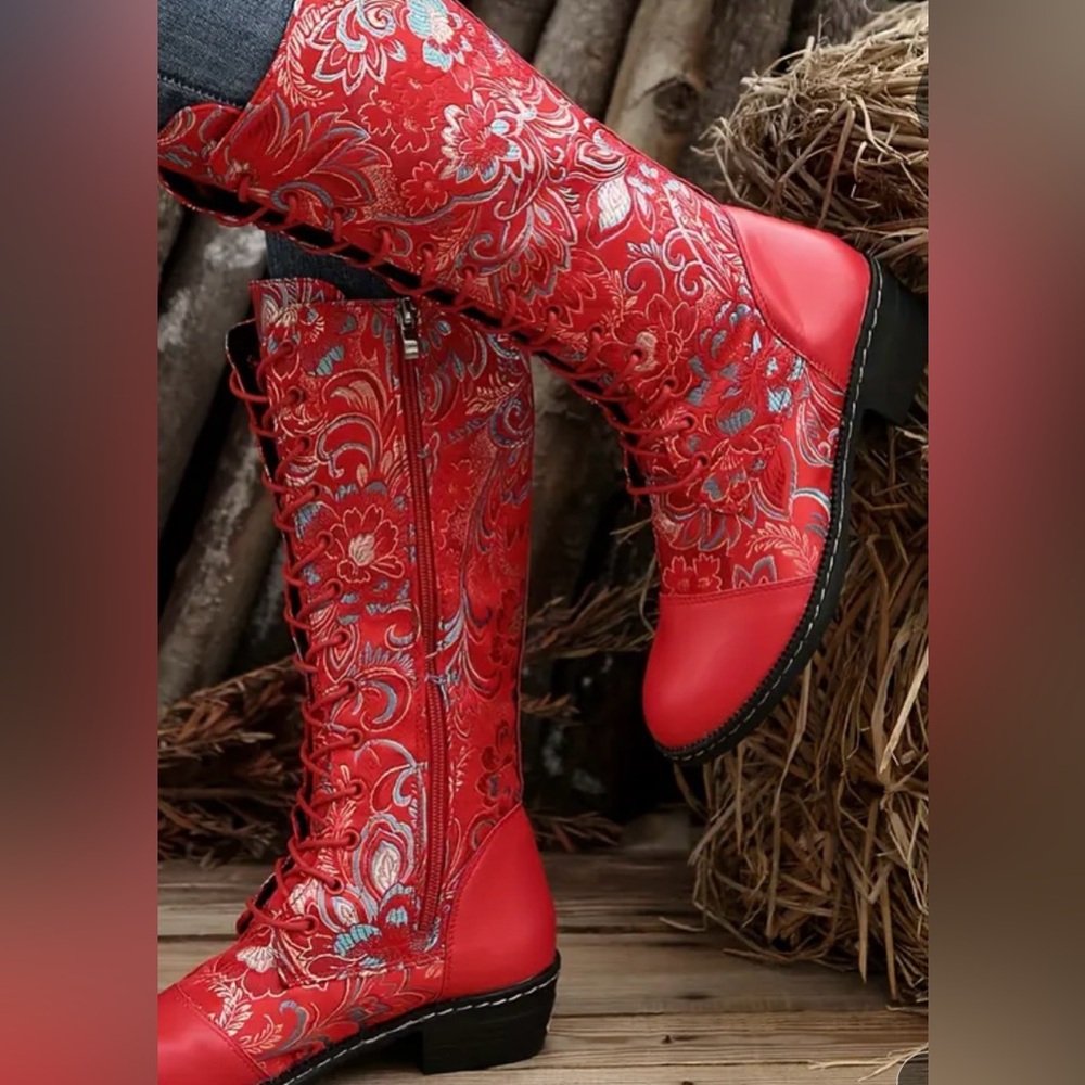 NWOT red satin embroidered boots